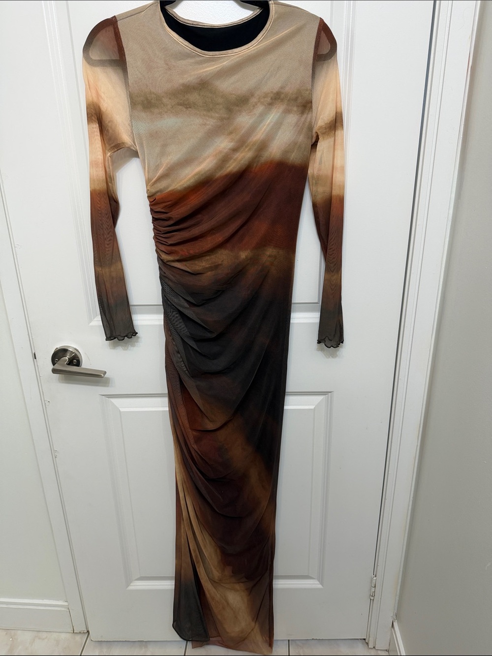 SHEIN Brown Tan Ombre Ruched Long Sleeve Maxi Dress